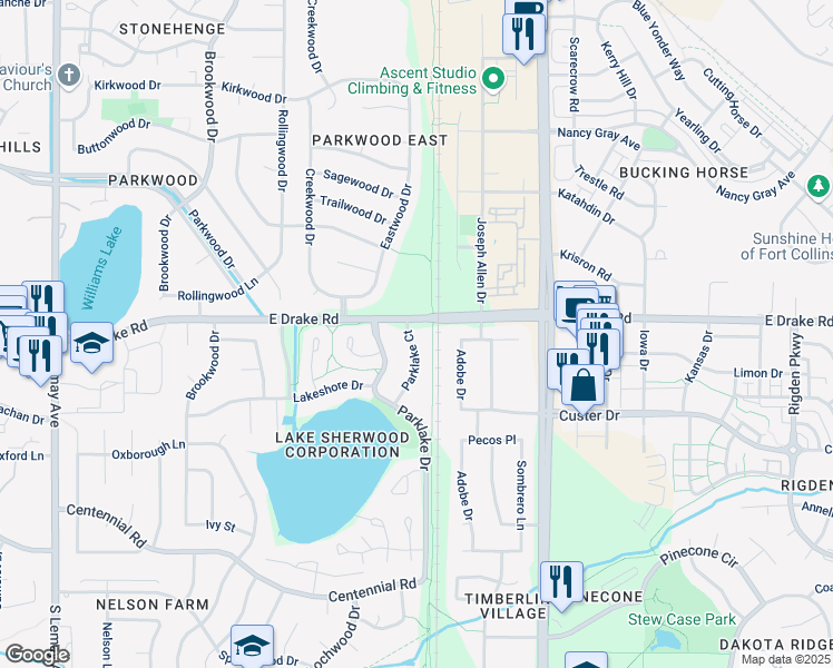 map of restaurants, bars, coffee shops, grocery stores, and more near in Fort Collins