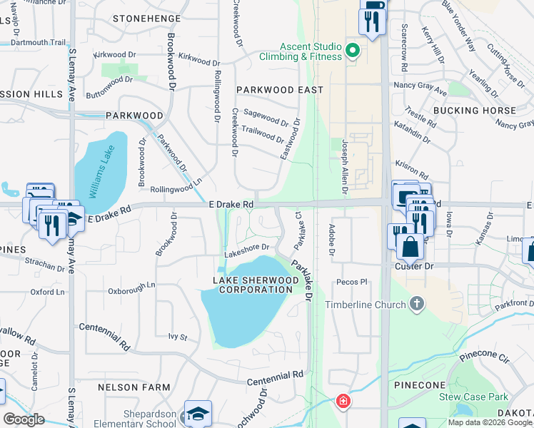 map of restaurants, bars, coffee shops, grocery stores, and more near 1700 Yucca Court in Fort Collins