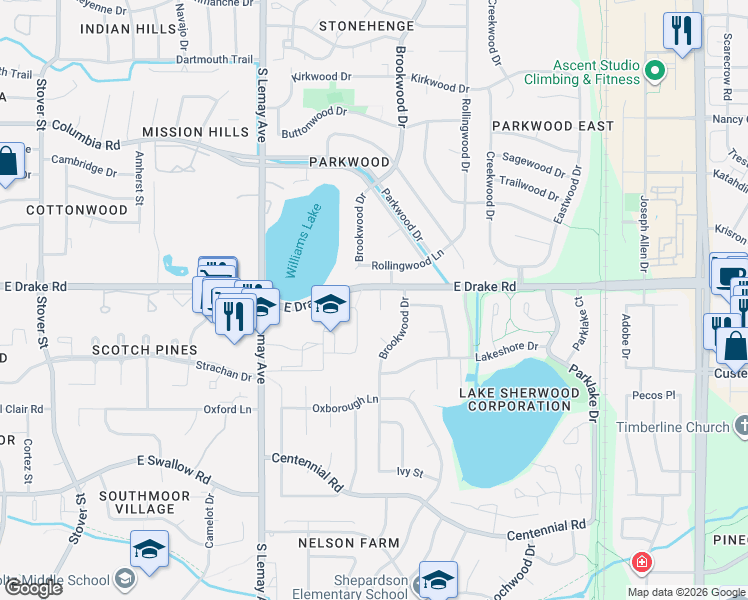 map of restaurants, bars, coffee shops, grocery stores, and more near 2600 Dorado Court in Fort Collins