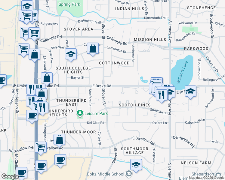 map of restaurants, bars, coffee shops, grocery stores, and more near 705 East Drake Road in Fort Collins
