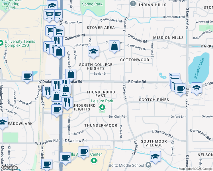 map of restaurants, bars, coffee shops, grocery stores, and more near 2600 Leisure Drive in Fort Collins
