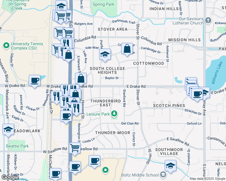 map of restaurants, bars, coffee shops, grocery stores, and more near 2600 Leisure Drive in Fort Collins