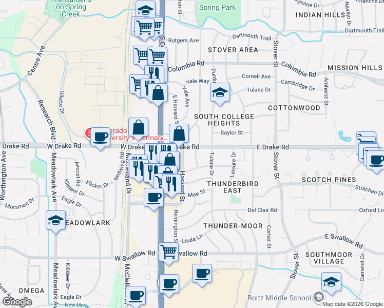 map of restaurants, bars, coffee shops, grocery stores, and more near 2600 Harvard Street in Fort Collins