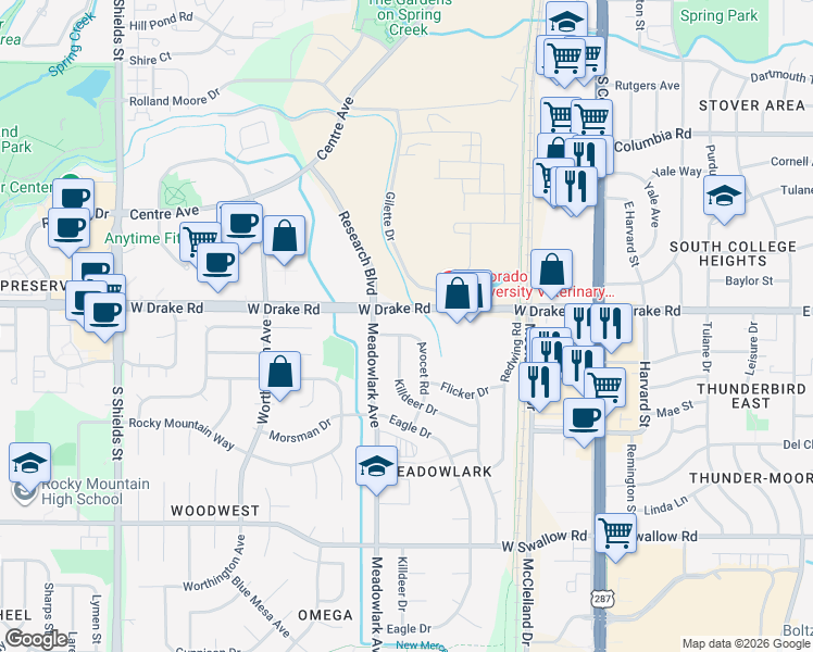 map of restaurants, bars, coffee shops, grocery stores, and more near 501 West Drake Road in Fort Collins