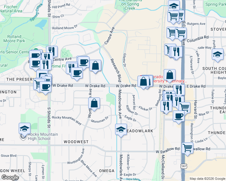 map of restaurants, bars, coffee shops, grocery stores, and more near in Fort Collins