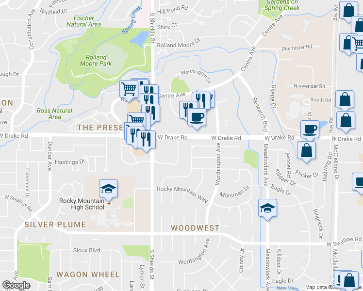 map of restaurants, bars, coffee shops, grocery stores, and more near in Fort Collins