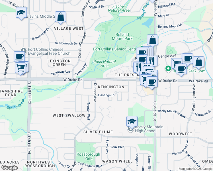 map of restaurants, bars, coffee shops, grocery stores, and more near in Fort Collins