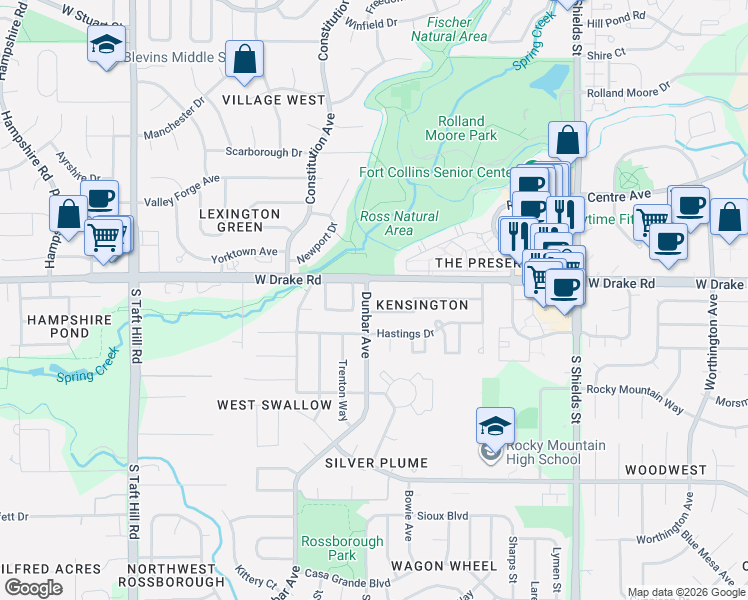 map of restaurants, bars, coffee shops, grocery stores, and more near 2600 Dunbar Avenue in Fort Collins