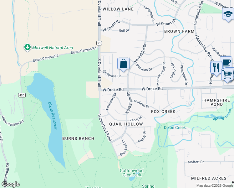 map of restaurants, bars, coffee shops, grocery stores, and more near 2603 Pasquinel Drive in Fort Collins