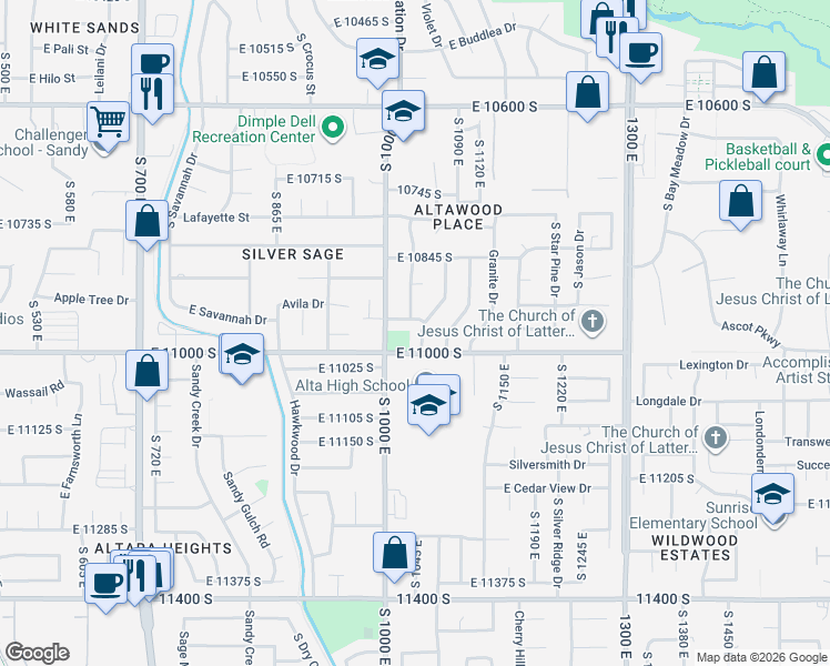 map of restaurants, bars, coffee shops, grocery stores, and more near 10941 South Mill Canyon Drive in Sandy