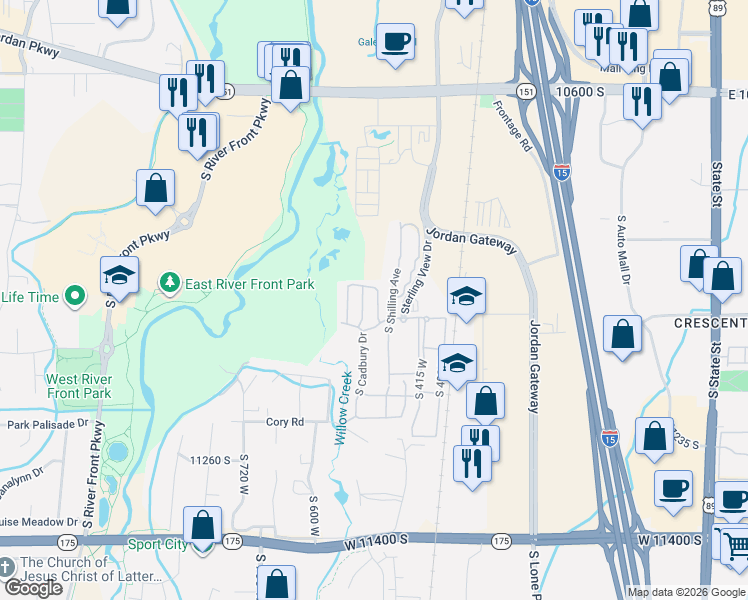 map of restaurants, bars, coffee shops, grocery stores, and more near 10956 Maple Forest Way in South Jordan