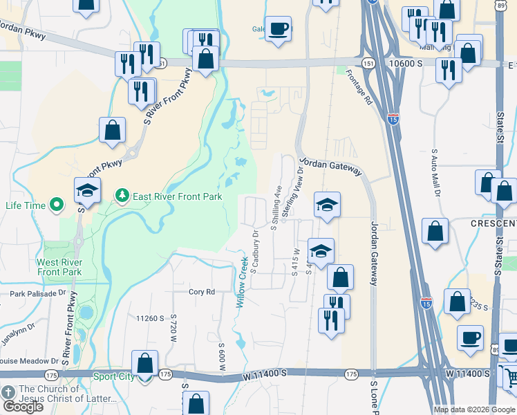 map of restaurants, bars, coffee shops, grocery stores, and more near 10956 Maple Forest Way in South Jordan