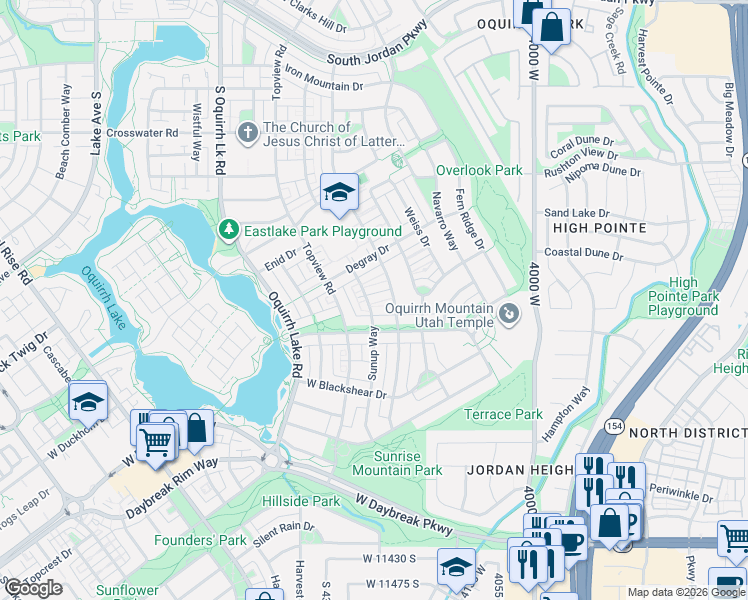 map of restaurants, bars, coffee shops, grocery stores, and more near 10961 Sunup Way in South Jordan