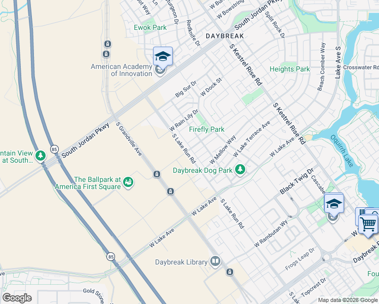 map of restaurants, bars, coffee shops, grocery stores, and more near 5289 West Split Rock Drive in South Jordan
