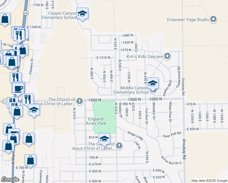 map of restaurants, bars, coffee shops, grocery stores, and more near 1092 North 490 East in Tooele