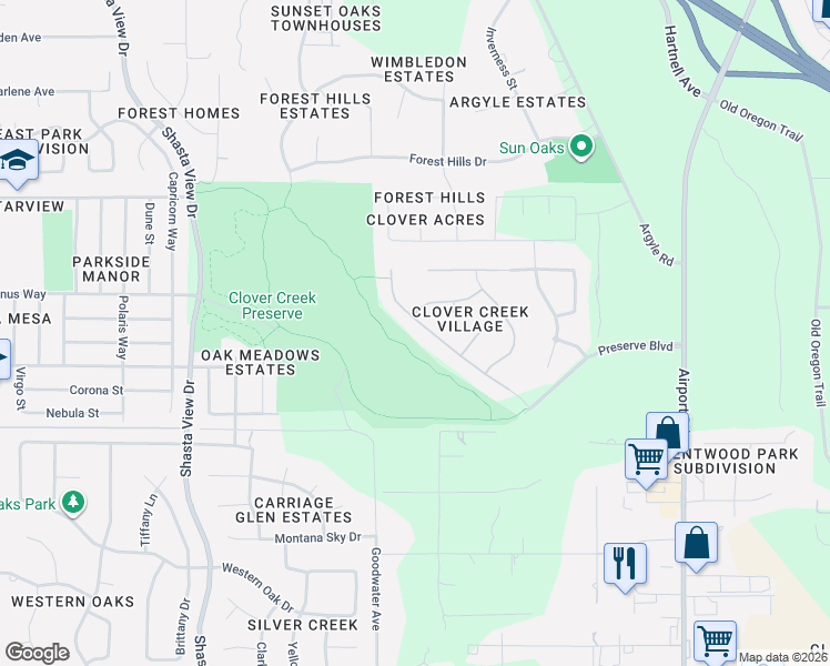 map of restaurants, bars, coffee shops, grocery stores, and more near 3001 Luke Trail in Redding