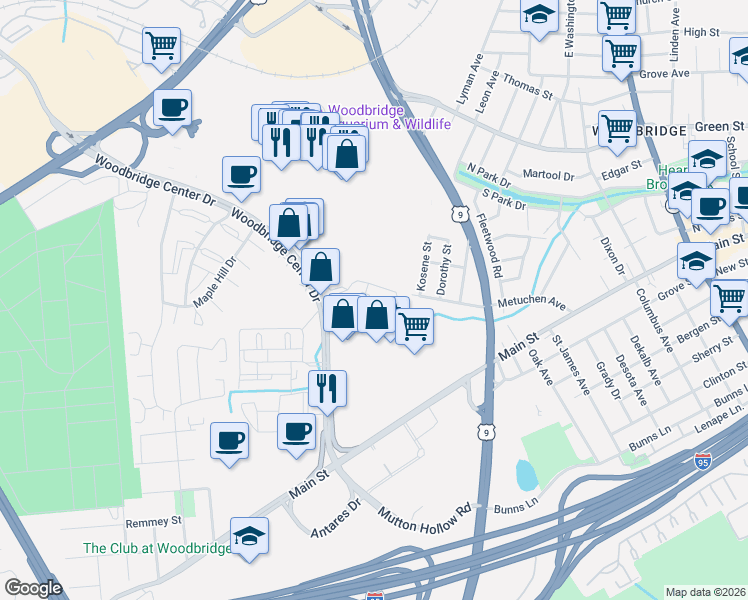 map of restaurants, bars, coffee shops, grocery stores, and more near 306 Sharon Garden Court in Woodbridge Township