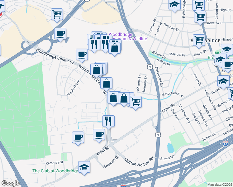 map of restaurants, bars, coffee shops, grocery stores, and more near 306 Sharon Garden Court in Woodbridge Township