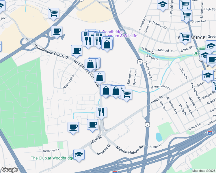 map of restaurants, bars, coffee shops, grocery stores, and more near 306 Sharon Garden Court in Woodbridge Township