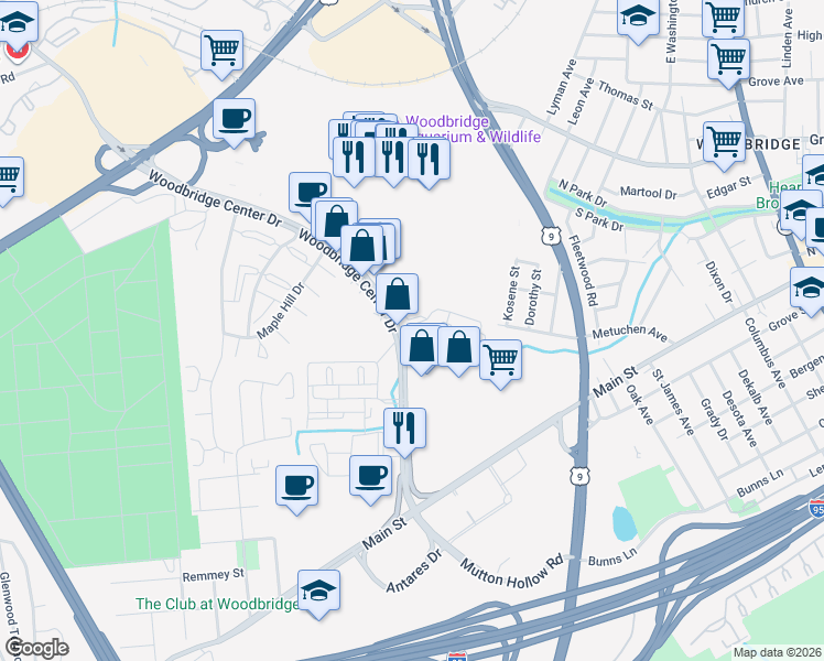 map of restaurants, bars, coffee shops, grocery stores, and more near 101 Sharon Garden Court in Woodbridge Township