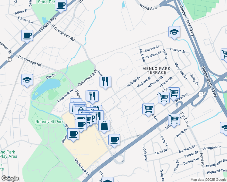 map of restaurants, bars, coffee shops, grocery stores, and more near 58 Isabelle Street in Edison