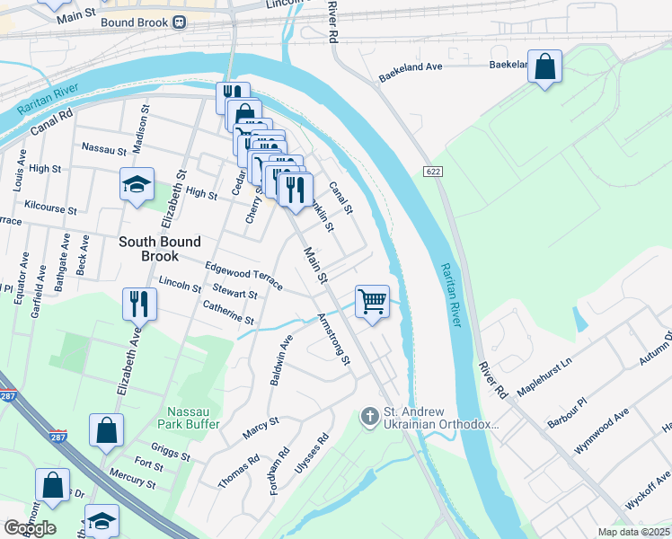 map of restaurants, bars, coffee shops, grocery stores, and more near 15 Johnson Street in South Bound Brook