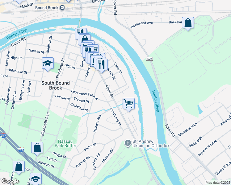 map of restaurants, bars, coffee shops, grocery stores, and more near 15 Johnson Street in South Bound Brook