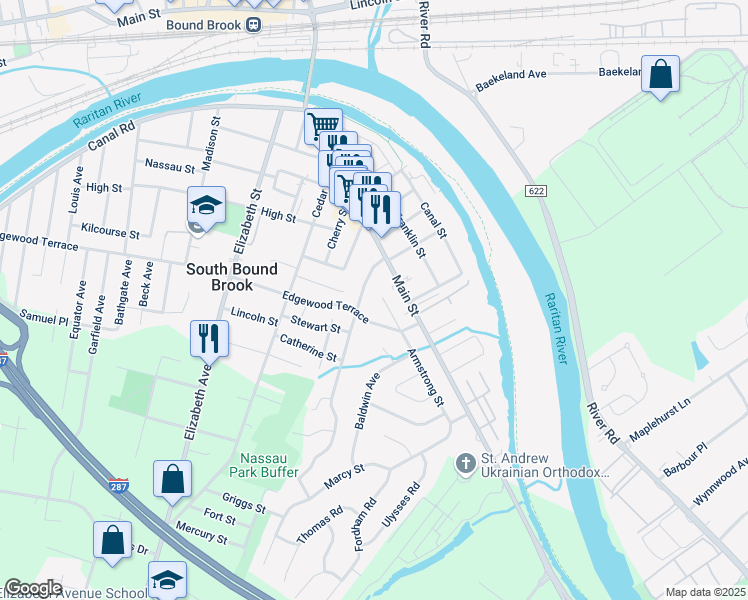 map of restaurants, bars, coffee shops, grocery stores, and more near 5 Armstrong Street in South Bound Brook