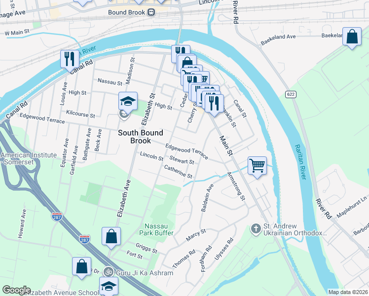 map of restaurants, bars, coffee shops, grocery stores, and more near 81 Noble Street in South Bound Brook