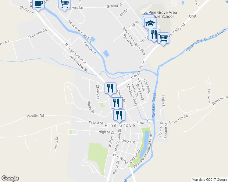 map of restaurants, bars, coffee shops, grocery stores, and more near 43 South Tulpehocken Street in Pine Grove