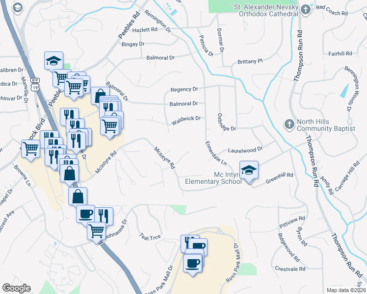 map of restaurants, bars, coffee shops, grocery stores, and more near 1158 Regency Drive in Pittsburgh