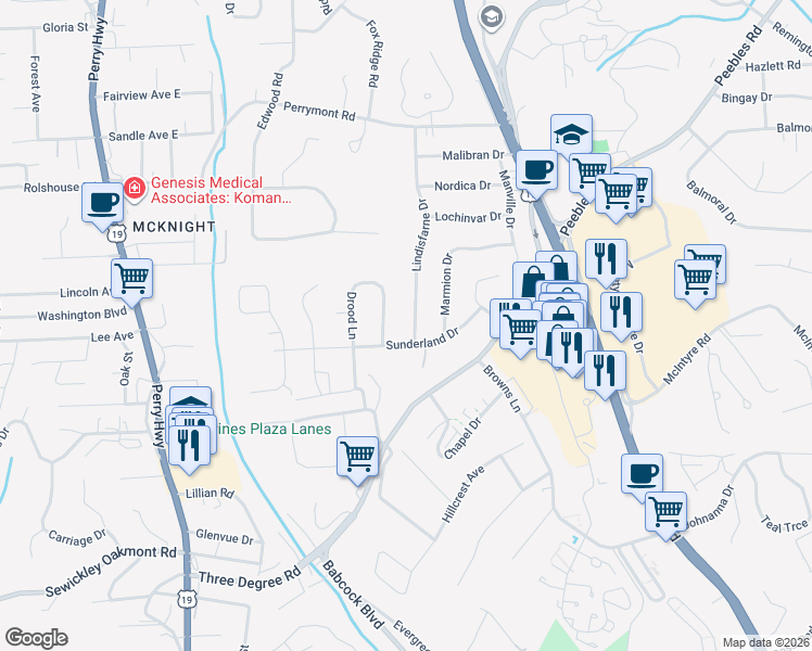 map of restaurants, bars, coffee shops, grocery stores, and more near 108 Drood Lane in Pittsburgh