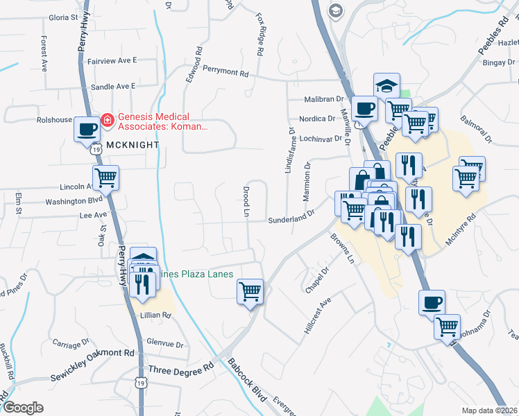 map of restaurants, bars, coffee shops, grocery stores, and more near 108 Drood Lane in Pittsburgh