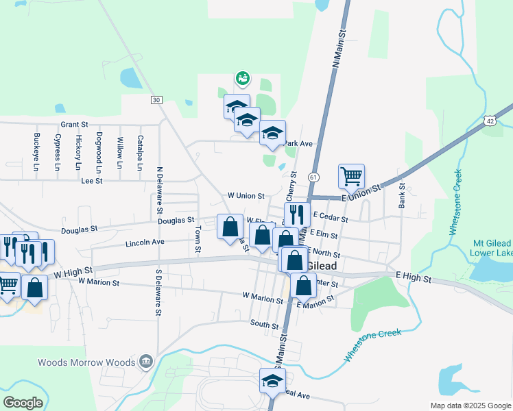 map of restaurants, bars, coffee shops, grocery stores, and more near 233 West Union Street in Mount Gilead