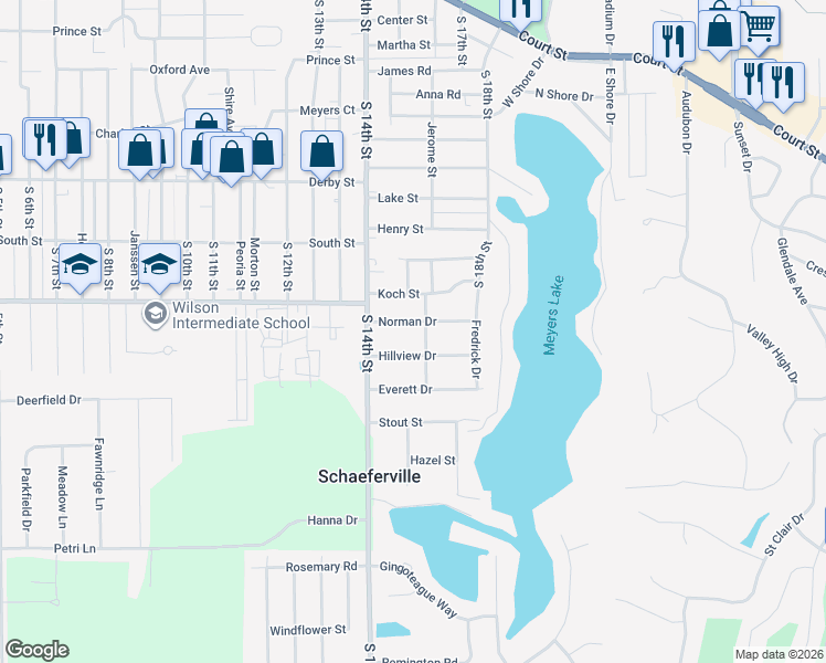 map of restaurants, bars, coffee shops, grocery stores, and more near 1419 Norman Drive in Pekin