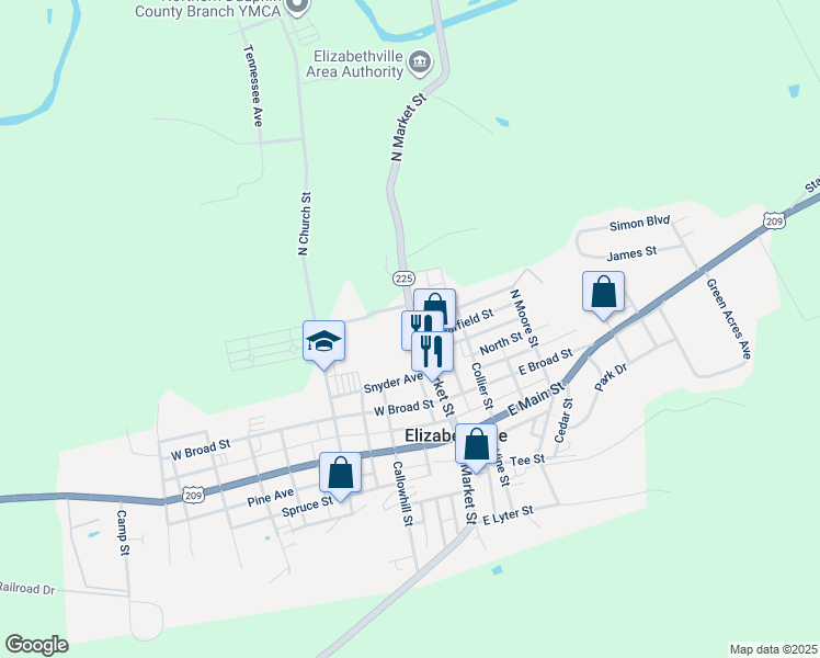 map of restaurants, bars, coffee shops, grocery stores, and more near 3894 Pennsylvania 225 in Elizabethville