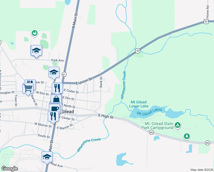 map of restaurants, bars, coffee shops, grocery stores, and more near 311 Pine Drive in Mount Gilead