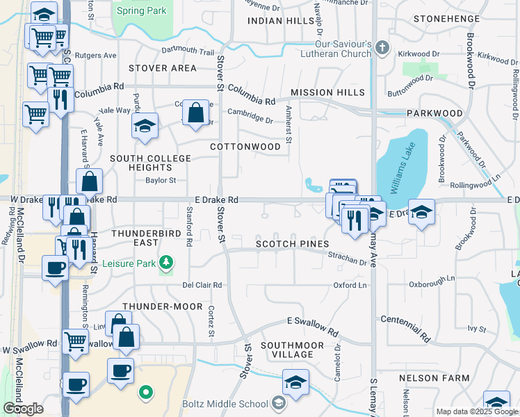 map of restaurants, bars, coffee shops, grocery stores, and more near 801 East Drake Road in Fort Collins
