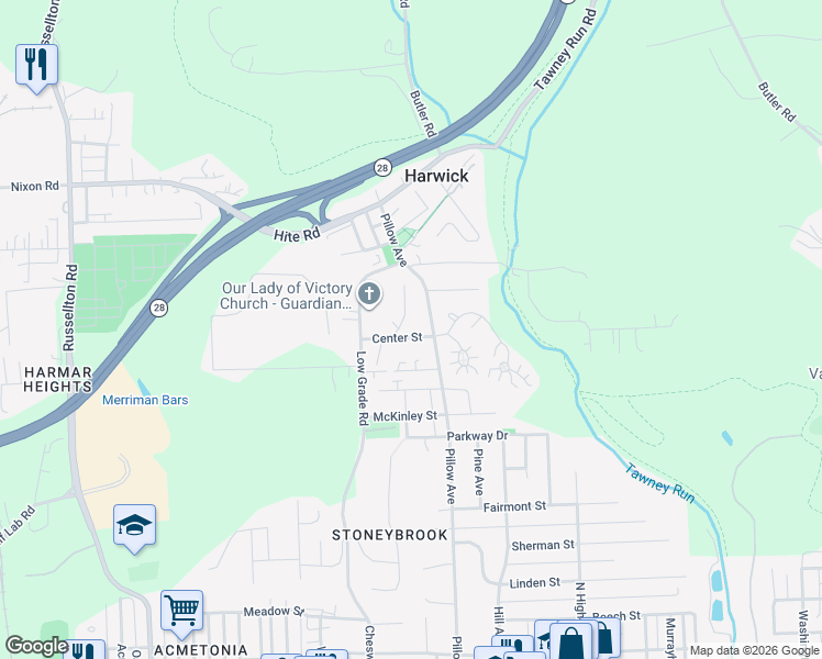 map of restaurants, bars, coffee shops, grocery stores, and more near 313 North Hamilton Street in Harwick