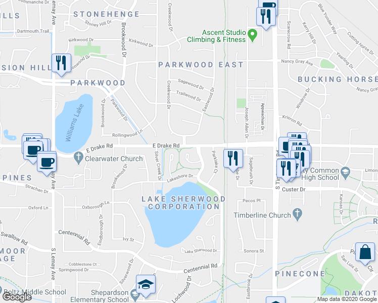 map of restaurants, bars, coffee shops, grocery stores, and more near 1700 Yucca Court in Fort Collins