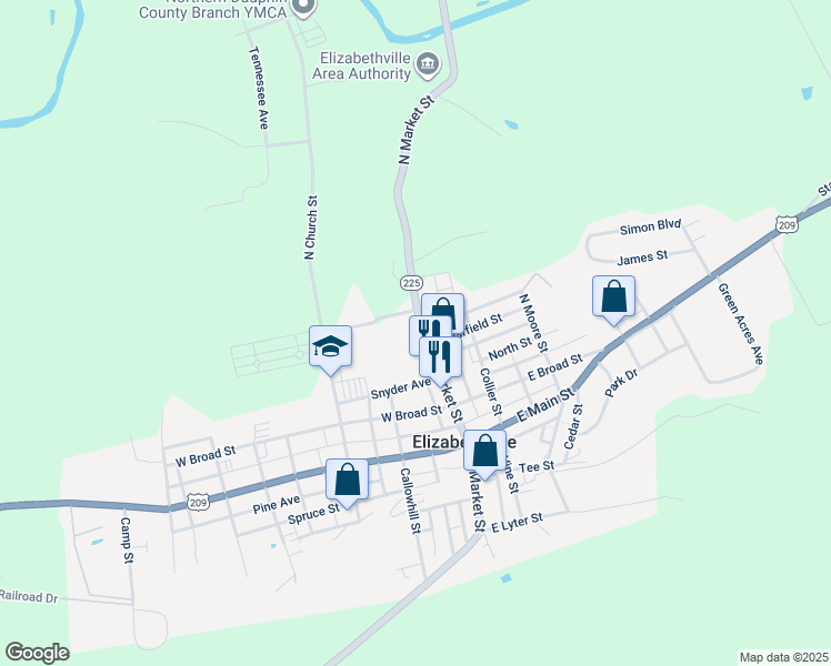map of restaurants, bars, coffee shops, grocery stores, and more near 3894 Pennsylvania 225 in Elizabethville