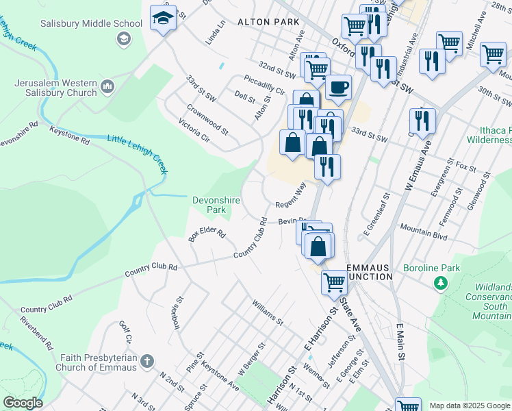 map of restaurants, bars, coffee shops, grocery stores, and more near 1930 Bevin Drive in Allentown