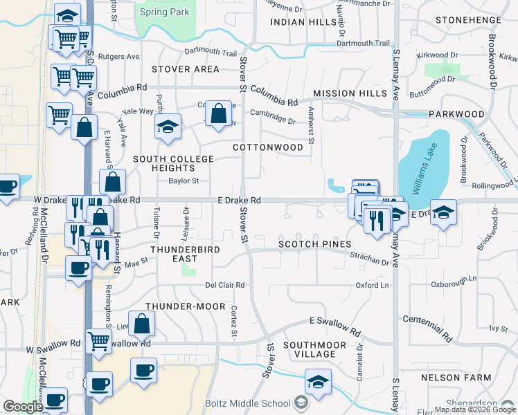 map of restaurants, bars, coffee shops, grocery stores, and more near 705 East Drake Road in Fort Collins