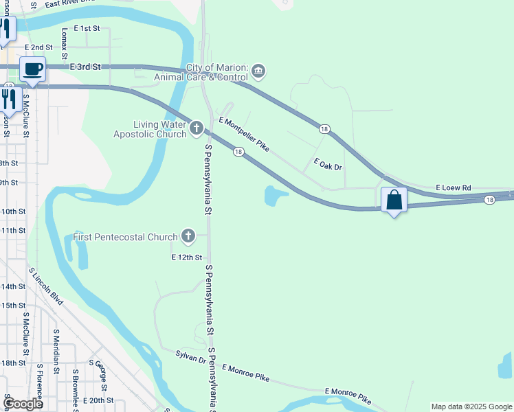 map of restaurants, bars, coffee shops, grocery stores, and more near 825 South Pennsylvania Street in Marion