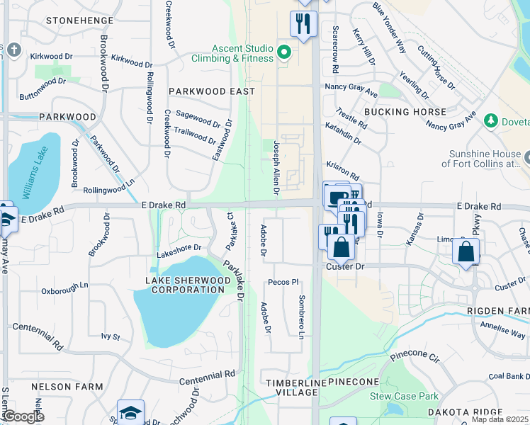map of restaurants, bars, coffee shops, grocery stores, and more near 2601 Adobe Drive in Fort Collins