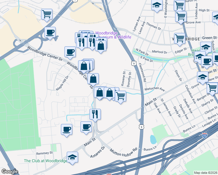 map of restaurants, bars, coffee shops, grocery stores, and more near 306 Sharon Garden Court in Woodbridge Township