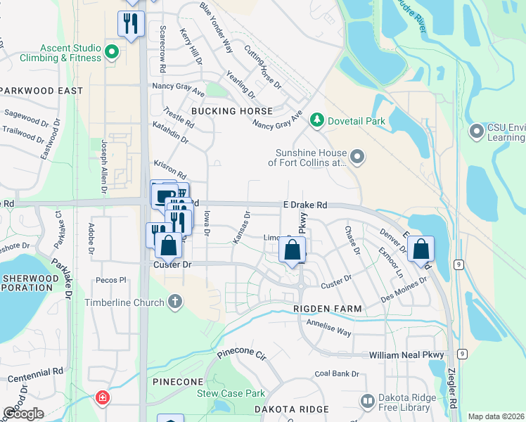map of restaurants, bars, coffee shops, grocery stores, and more near 2608 Kansas Drive in Fort Collins