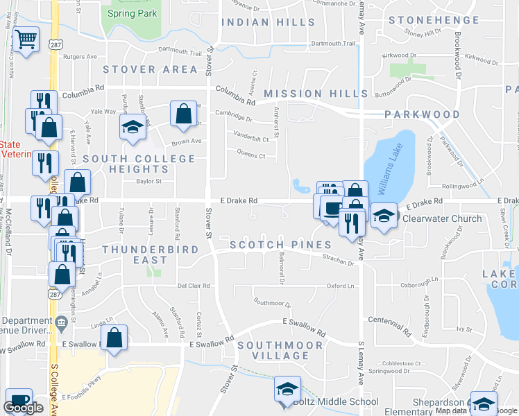 map of restaurants, bars, coffee shops, grocery stores, and more near in Fort Collins