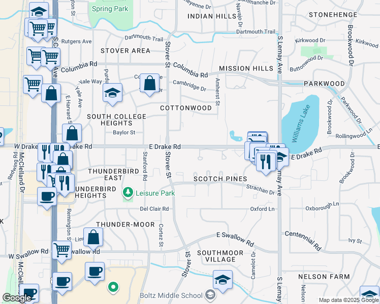 map of restaurants, bars, coffee shops, grocery stores, and more near 705 East Drake Road in Fort Collins
