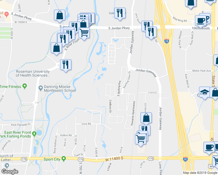 map of restaurants, bars, coffee shops, grocery stores, and more near 10956 Maple Forest Way in South Jordan
